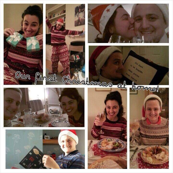 Collage of George and Mariacristina on Christmas Day at home