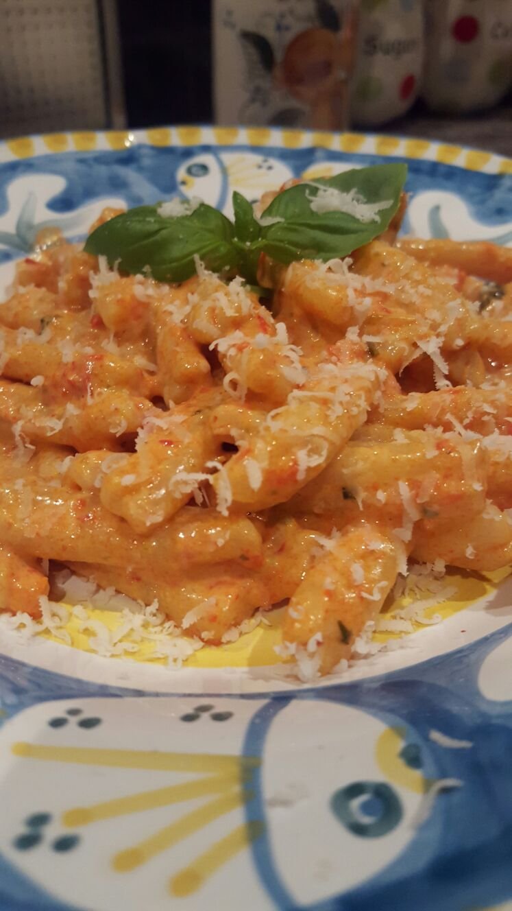 Dish of pasta con crema di peperoni