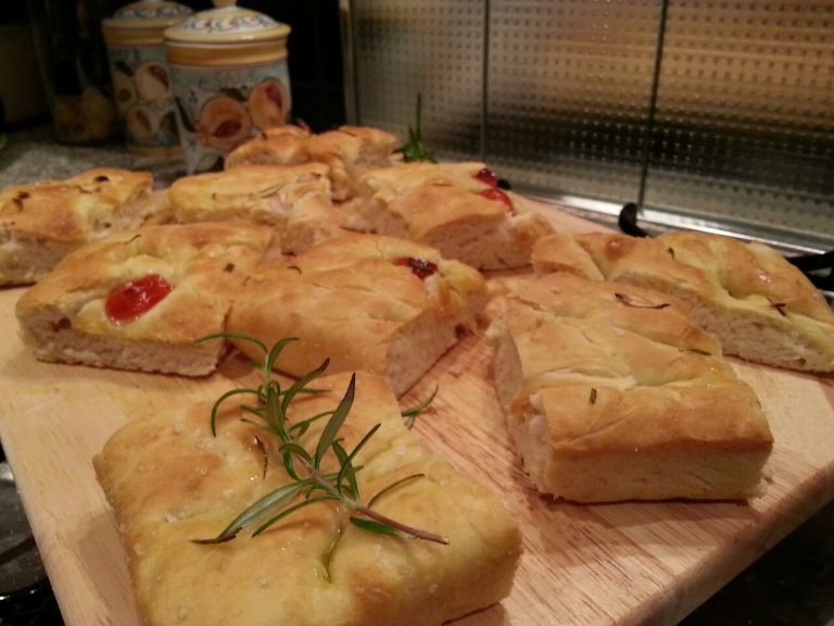 Slices of focaccia laid on a chopping board