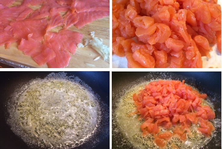 Chopped salmon cooked in butter and oil for farfalle al salmone