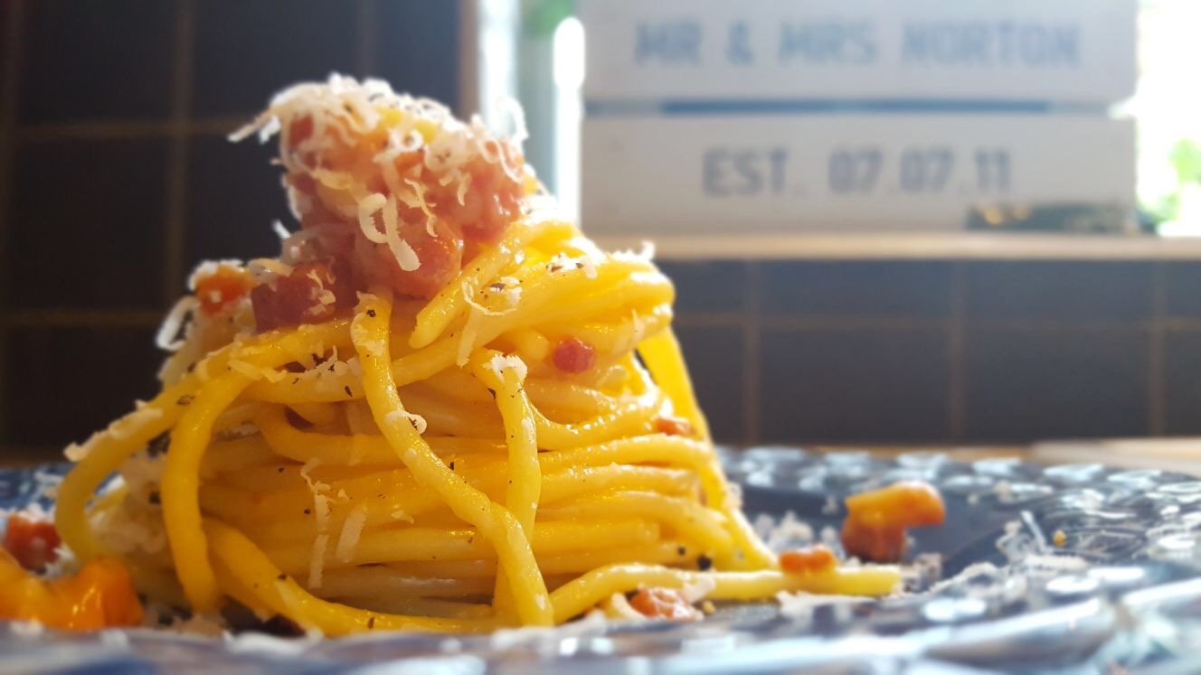 Dish of spaghetti alla carbonara